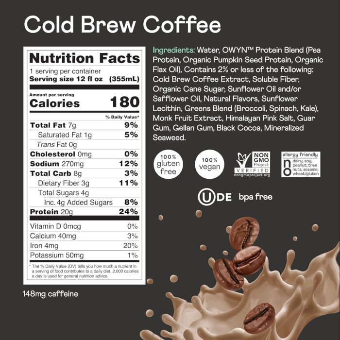 OWYN Only What You Need Vegan Plant-Based Protein Shake, Cold Brew Coffee, 12 Pack, with 20g Plant Protein, Omega-3, Prebiotic supplements, Superfoods Greens Blend, Gluten-Free, Soy-Free, Non-GMO - Image 3