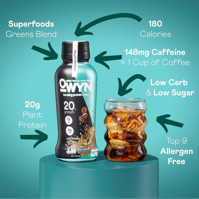 OWYN Only What You Need Vegan Plant-Based Protein Shake, Cold Brew Coffee, 12 Pack, with 20g Plant Protein, Omega-3, Prebiotic supplements, Superfoods Greens Blend, Gluten-Free, Soy-Free, Non-GMO - Image 4