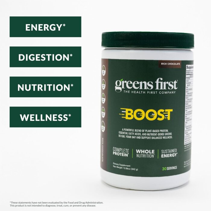 Greens First Boost - Plant-Based Protein & Balanced Nutrition - Superfood Shake Mix - No Wheat or Soy - Dairy-Free - Vegan - Dutch Chocolate, 12.28 oz. - Image 3