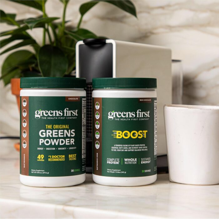 Greens First Boost - Plant-Based Protein & Balanced Nutrition - Superfood Shake Mix - No Wheat or Soy - Dairy-Free - Vegan - Dutch Chocolate, 12.28 oz. - Image 5