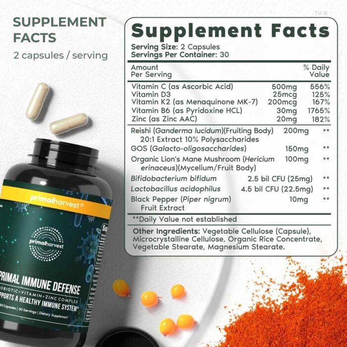 Primal Harvest Primal Immune Defense 10-in-1 Immune Defense Supplement: with 7 Billion CFU Probiotics, Zinc, Vitamins C, B6, D3, K2 - Immune Boosters for Adults 60 Capsules (2 Pack) - Image 3