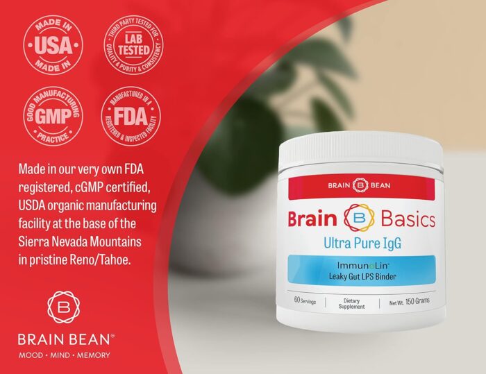 Brain Basics Ultra Pure IgG Supplement - Dairy-Free Supplement IgG-Immunolin Powder, Blended Vitamin & Mineral Supplements, 150g, 60 Servings - Image 7