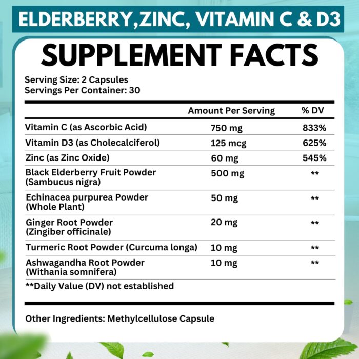 Elderberry Immune Support Supplement 8-in-1 Formula with Echinacea, Vitamin C & Zinc, Vitamin D 5000 IU, Turmeric, Ginger, Ashwagandha – Pack of 2 - Image 3
