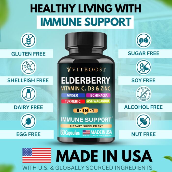 Elderberry Immune Support Supplement 8-in-1 Formula with Echinacea, Vitamin C & Zinc, Vitamin D 5000 IU, Turmeric, Ginger, Ashwagandha – Pack of 2 - Image 4