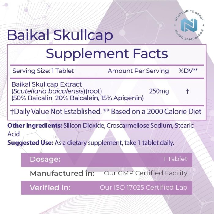 Nootropics Depot Baikal Skullcap Extract Tablets | 250mg | 120 Count | >15% Apigenin, >20% Baicalein, >50% Baicalin - Image 3