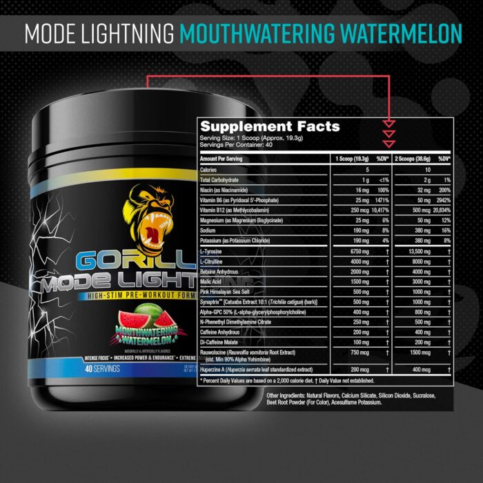 Gorilla Mode Lightning Pre-Workout - Extreme Energy · Laser Focus · Powerful Pumps · Peak Performance - 550mg Caffeine, 13500mg L-Tyrosine, Alpha-GPC– 772g (Mouthwatering Watermelon) - Image 3