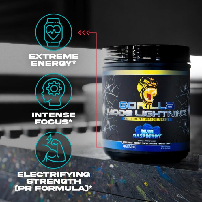 Gorilla Mode Lightning Pre-Workout - Extreme Energy · Laser Focus · Powerful Pumps · Peak Performance - 550mg Caffeine, 13500mg L-Tyrosine, Alpha-GPC– 772g (Mouthwatering Watermelon) - Image 4