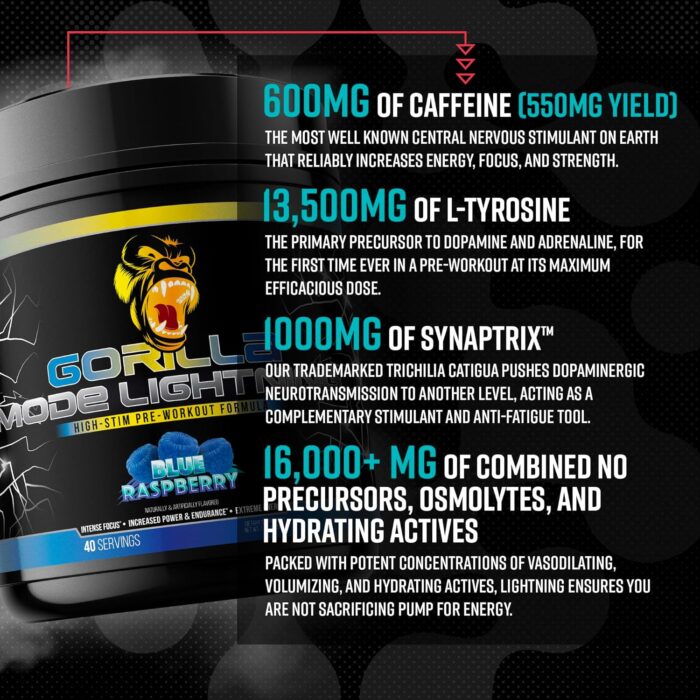 Gorilla Mode Lightning Pre-Workout - Extreme Energy · Laser Focus · Powerful Pumps · Peak Performance - 550mg Caffeine, 13500mg L-Tyrosine, Alpha-GPC– 772g (Mouthwatering Watermelon) - Image 5