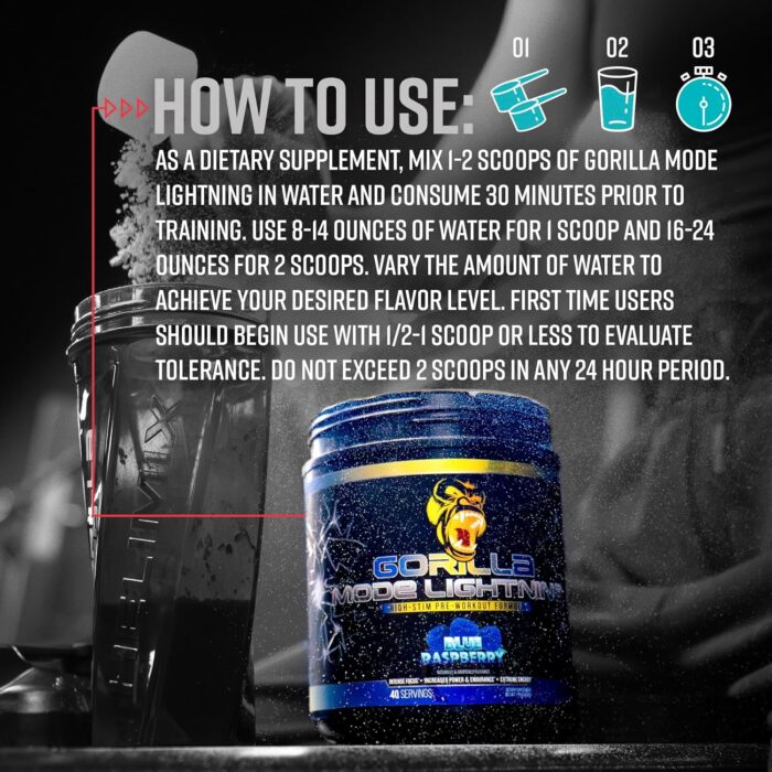Gorilla Mode Lightning Pre-Workout - Extreme Energy · Laser Focus · Powerful Pumps · Peak Performance - 550mg Caffeine, 13500mg L-Tyrosine, Alpha-GPC– 772g (Mouthwatering Watermelon) - Image 6