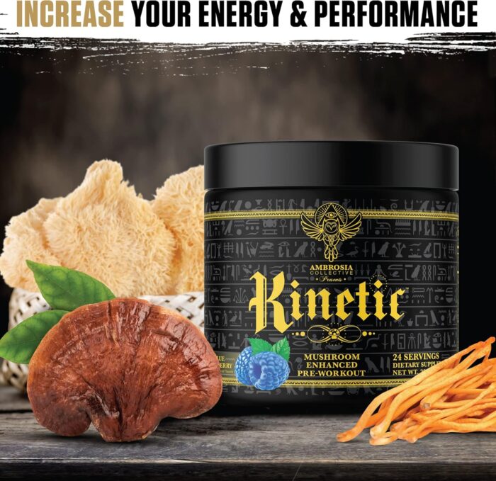 Ambrosia Kinetic Organic Preworkout, Mushroom Enhanced Natural Pre Workout Supplement, Nootropic Superfood Powder for Energy (Blue Raspberry) - Image 2