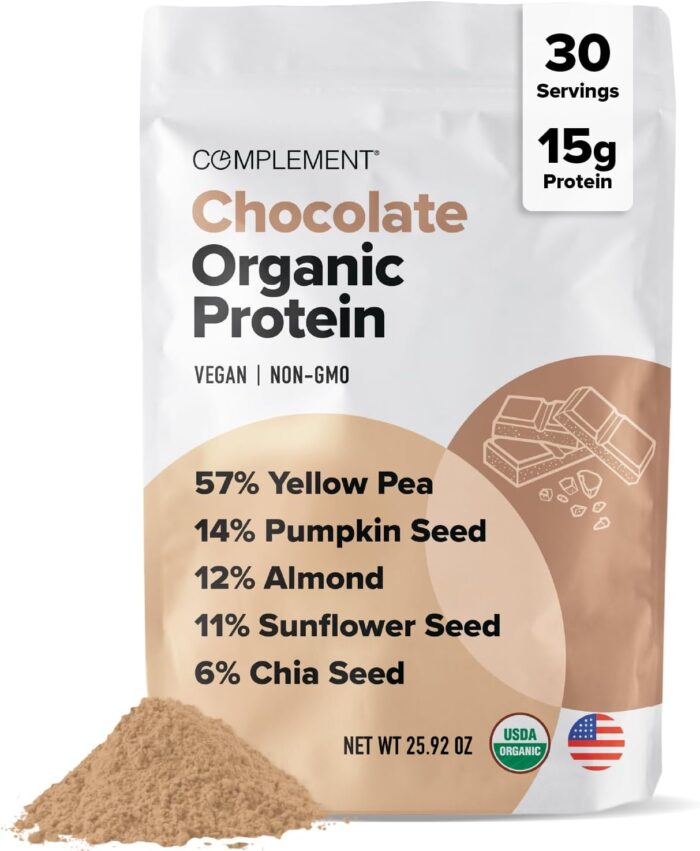 Complement Organic Chocolate Vegan Protein Powder (30 Servings) Low Carb, Low Calorie, Sugar Free, Soy Free, Non-GMO, Non Dairy - Yellow Pea, Pumpkin Seed - 15g Plant Based Protein Powder - Image 2