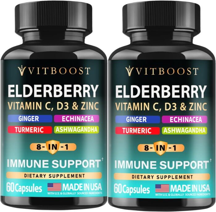 Elderberry Immune Support Supplement 8-in-1 Formula with Echinacea, Vitamin C & Zinc, Vitamin D 5000 IU, Turmeric, Ginger, Ashwagandha – Pack of 2 - Image 2