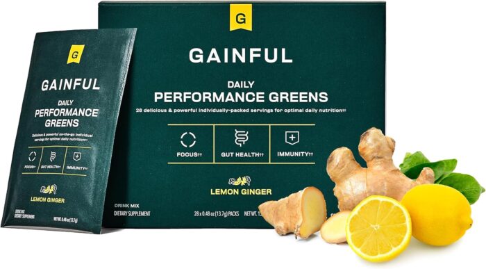 Gainful Daily Performance Greens Powder, Lemon Ginger, Gut Health, Energy, Focus and Immune Support with L Theanine, Organic Greens, Chlorella, Ginger, Green + Adaptogen Drink Mix, 28 Packets - Image 2