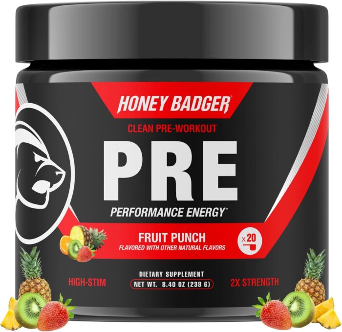 Honey Badger Pre Workout Powder, Keto Vegan Preworkout for Men & Women, Beta Alanine & Caffeine, Sugar Free Natural Energy Supplement, Fruit Punch (High-Stim) - Image 2