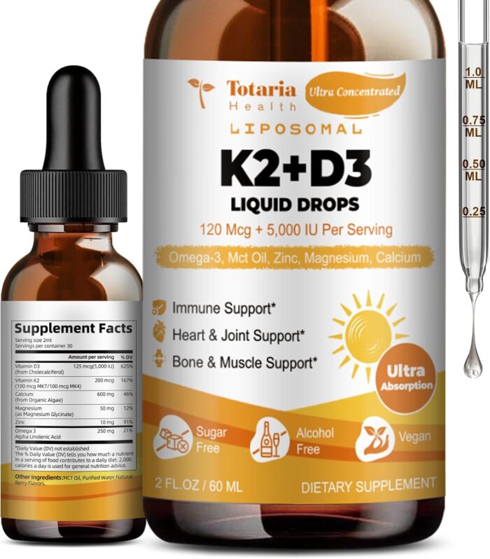 Liposomal Liquid Vitamin D3 K2 Supplement Drops with MCT Oil, Omega 3 - (5000 IU) D3 + (200 MCG) K2 Bone Strength with Calcium Magnesium Zinc Support Teeth, Bones, Vitamin D, Non-GMO Made in USA - Image 2
