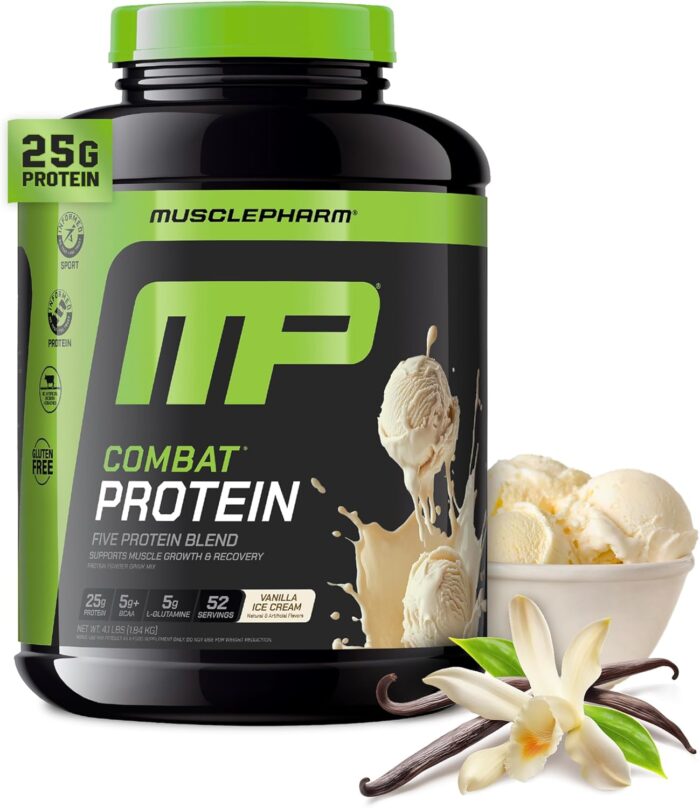 MusclePharm Combat Protein Powder, Vanilla Flavor, Fuels Muscles for Productive Workouts, 5 Protein Sources including Whey Protein Isolate & Egg Albumin, Gluten Free, 4 lb, 52 Servings - Image 2