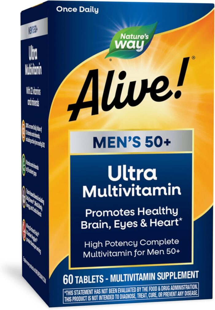 Nature's Way Alive! Men’s 50+ Daily Ultra Multivitamin, High Potency Formula, Supports Healthy Brain, Eyes & Heart*, with Methylated B12, Gluten-Free, 60 Tablets (Packaging May Vary) - Image 2