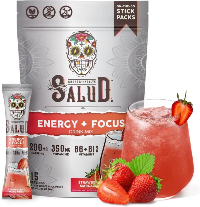 Salud 2-in-1 Energy Drink Powder + Focus, Strawberry Margarita, Organic Caffeine, B6 + B12, Theanine, Clean Energy Drink Packets, Agua Fresca Mix, Non-GMO, Gluten Free, Vegan, 1g of Sugar, (15 Servings) - Image 2